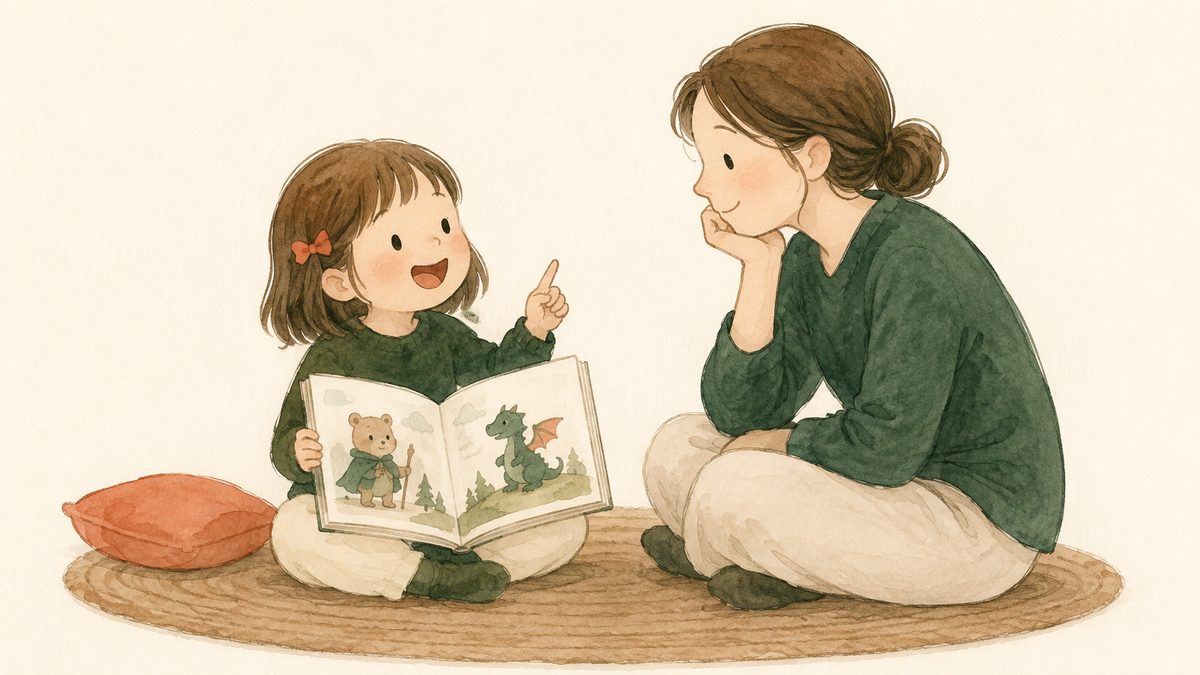 小さな子どもが好きなキャラクターの本を広げて話している