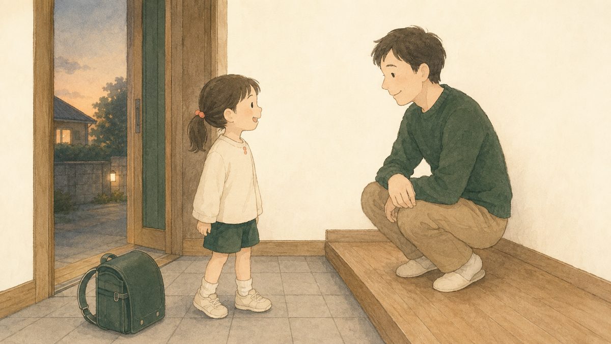 夕方、遊びから帰ってきた子どもを親がおだやかに迎えている