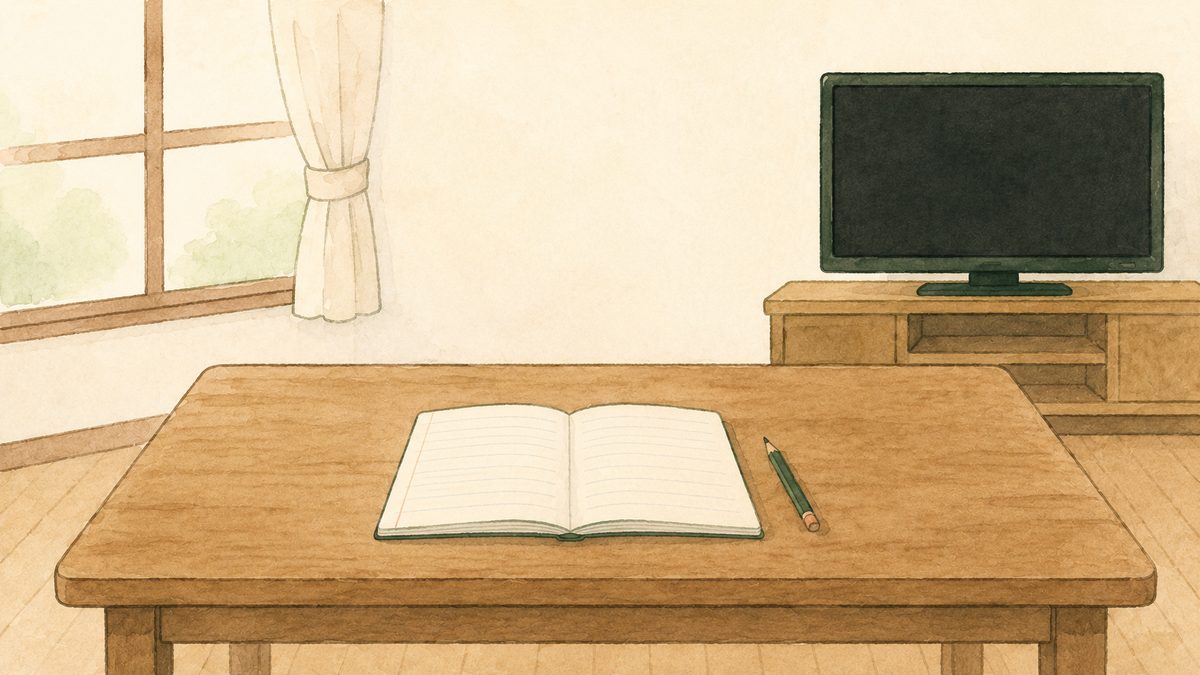テレビが消え、机の上が片づいた静かな部屋