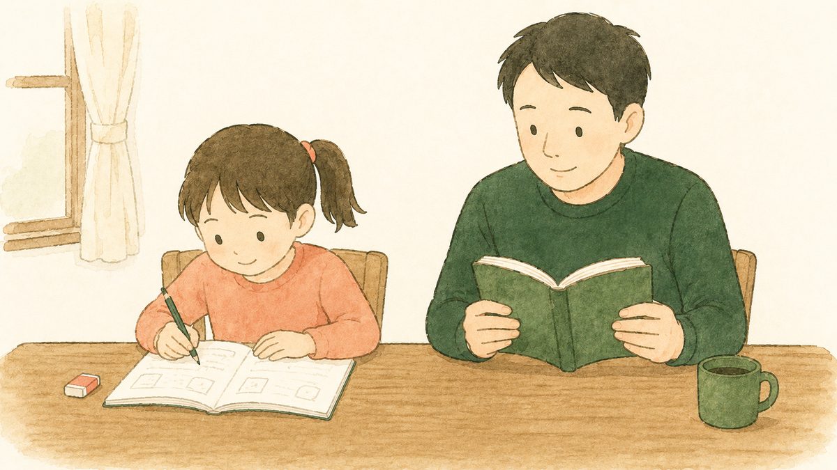 同じ机で子どもは問題を解き、親は隣で本を読んでいる