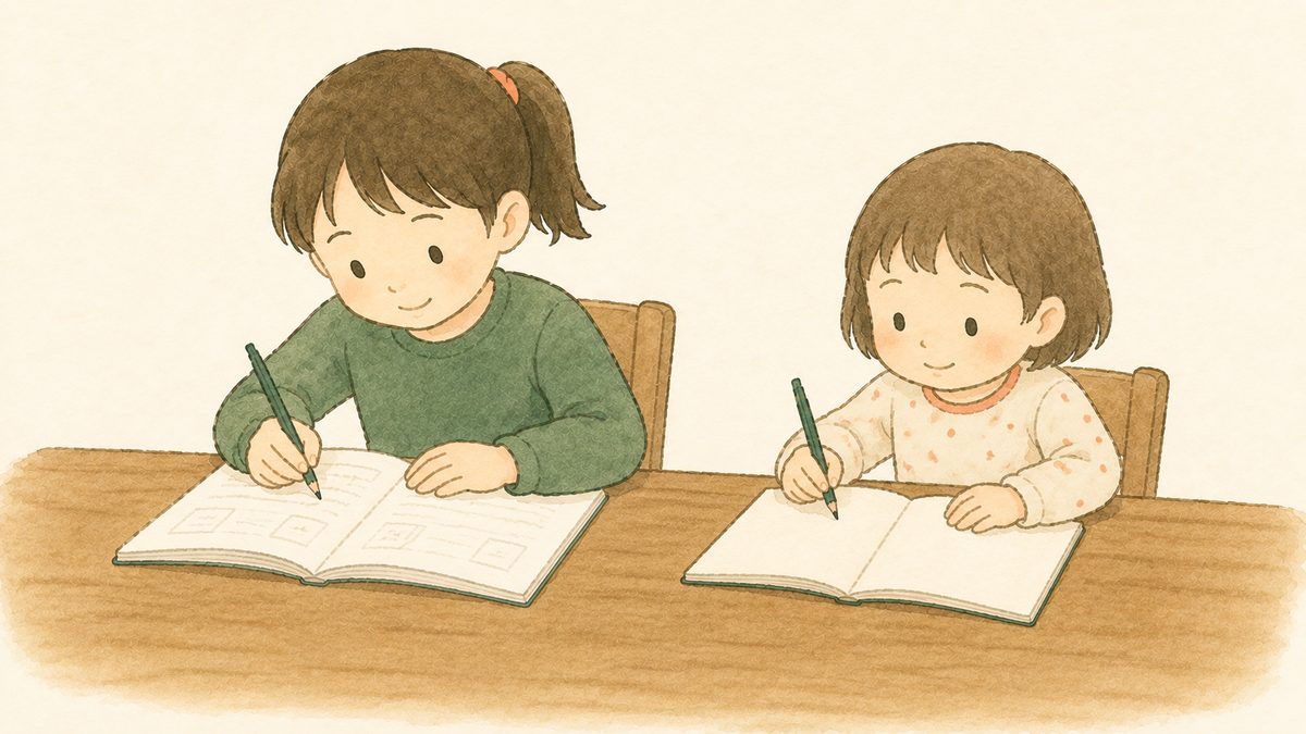 上の子が勉強していると、小さい子が自分から隣に座って真似をしている