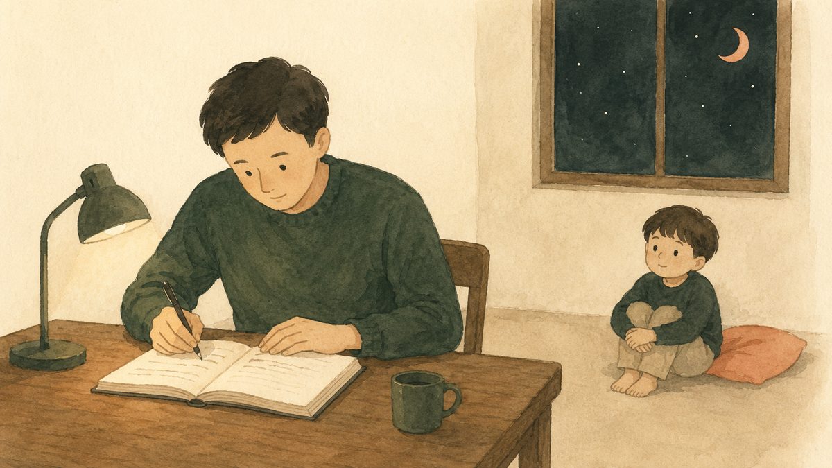 親がテーブルで学んでいる姿を、子どもが見ている