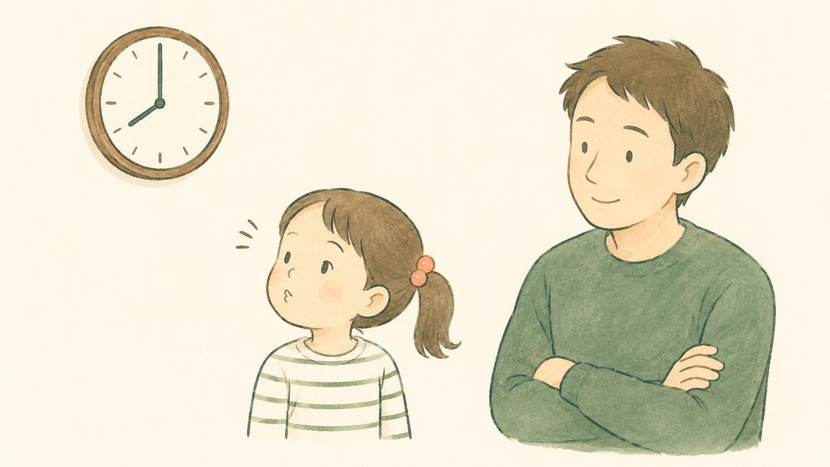 子どもが渋りながら時計を見て、親がおだやかに待っている