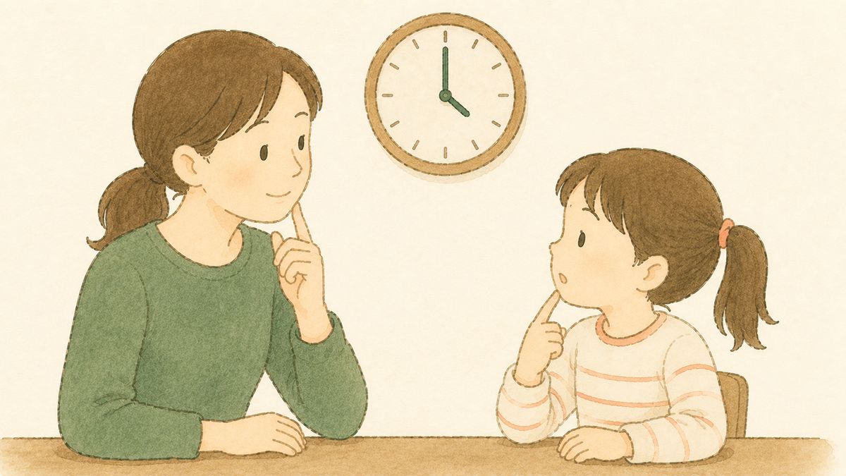 親子が時計のそばで、毎日の勉強時間を相談している