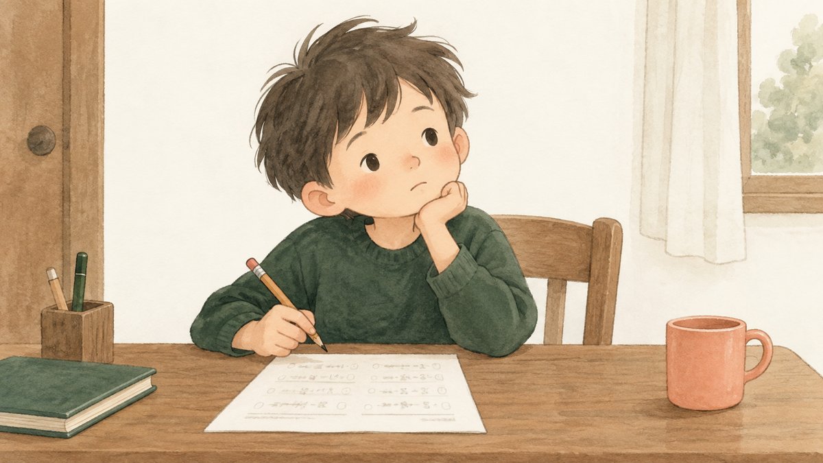 文章問題のプリントの前で、手が止まっている小学生