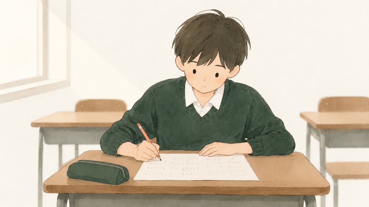 塾の机で、中学生が小学生用の分数のプリントに向かっている