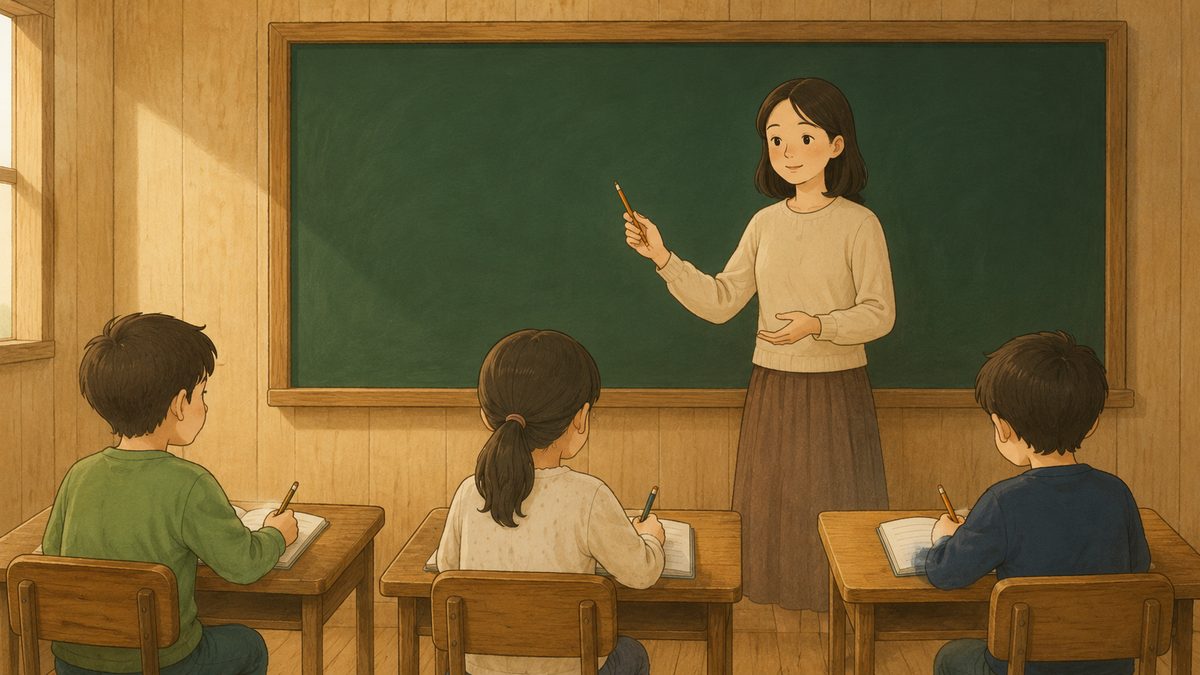 塾の教室で、先生が黒板の前で説明している