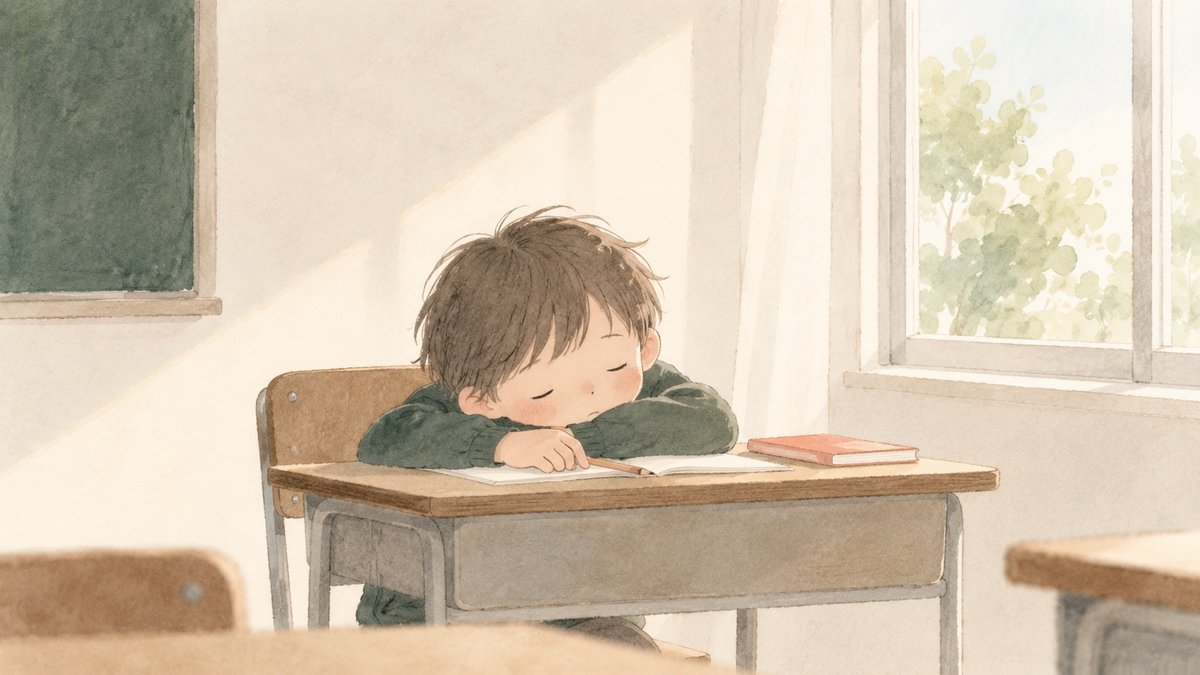 授業中、机に伏せそうになっている小学生