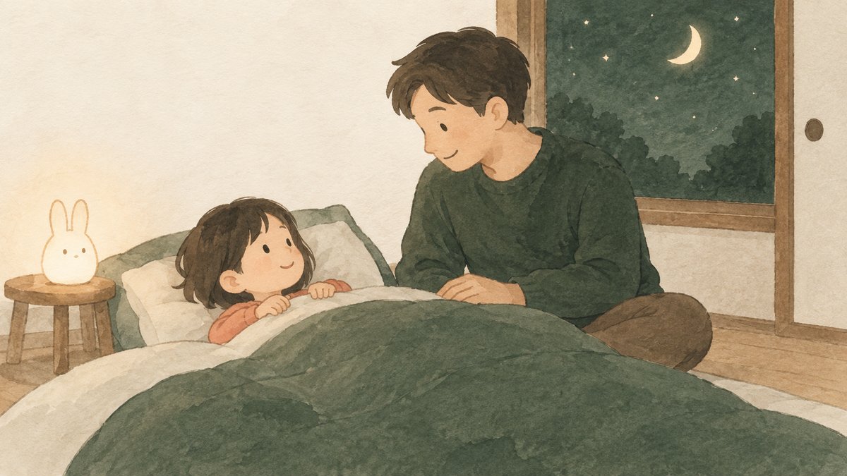 布団のそばに座ったお父さんが、横になった子どもに話しかけている