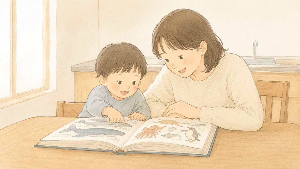 台所のテーブルで、お母さんと幼児が図鑑をひらいて一緒にのぞきこんでいる