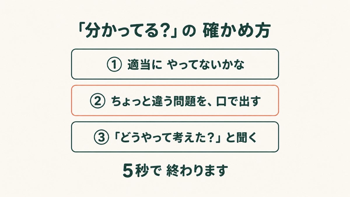 「適当にやってないかな」／違う問題を口で出す／「どうやって考えた？」