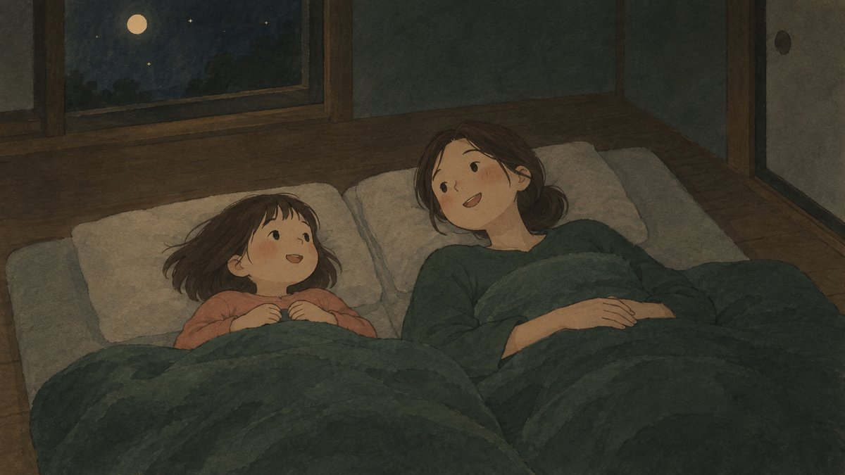 暗い部屋で、お母さんと小学生が布団に並んで静かに話している