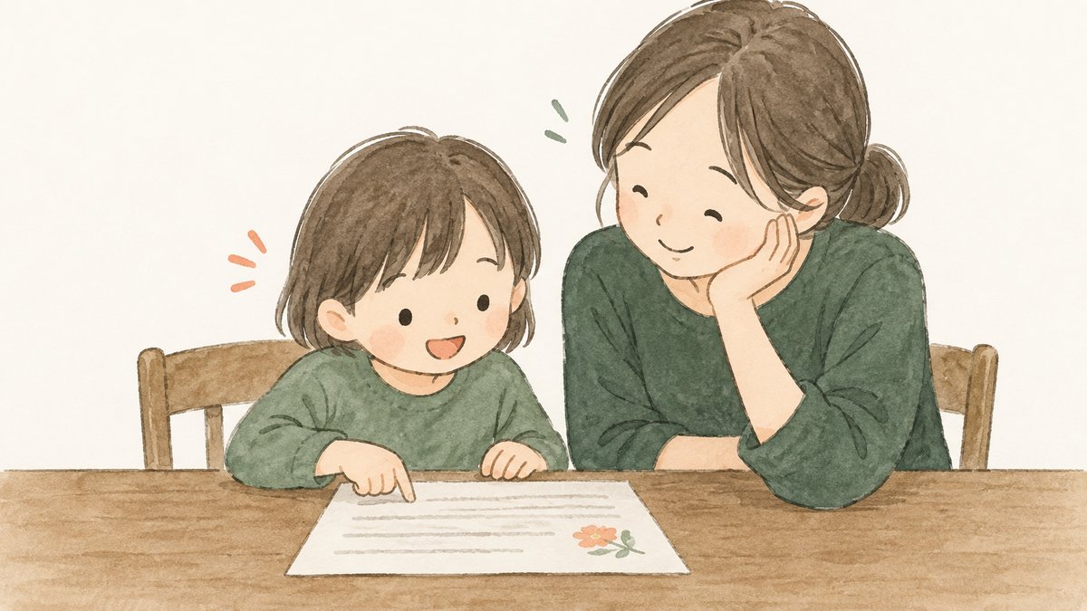 お母さんと子どもが、机で一緒に問題を声に出して読んでいる