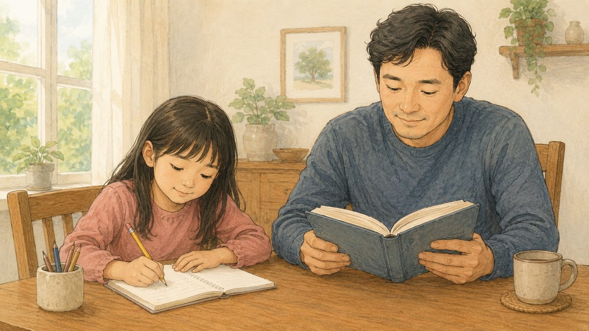 お父さんが子どもの隣で、同じ机で自分の本を読んでいる